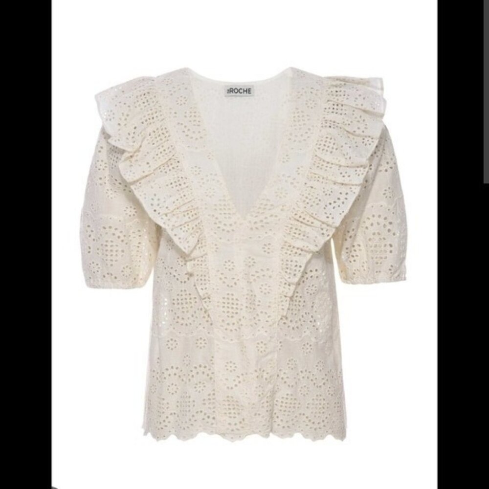 St. Roche Fox Top Vanilla V Neck Ruffles Sz 2 Short Sleeve Eyelet Embroidery NWT